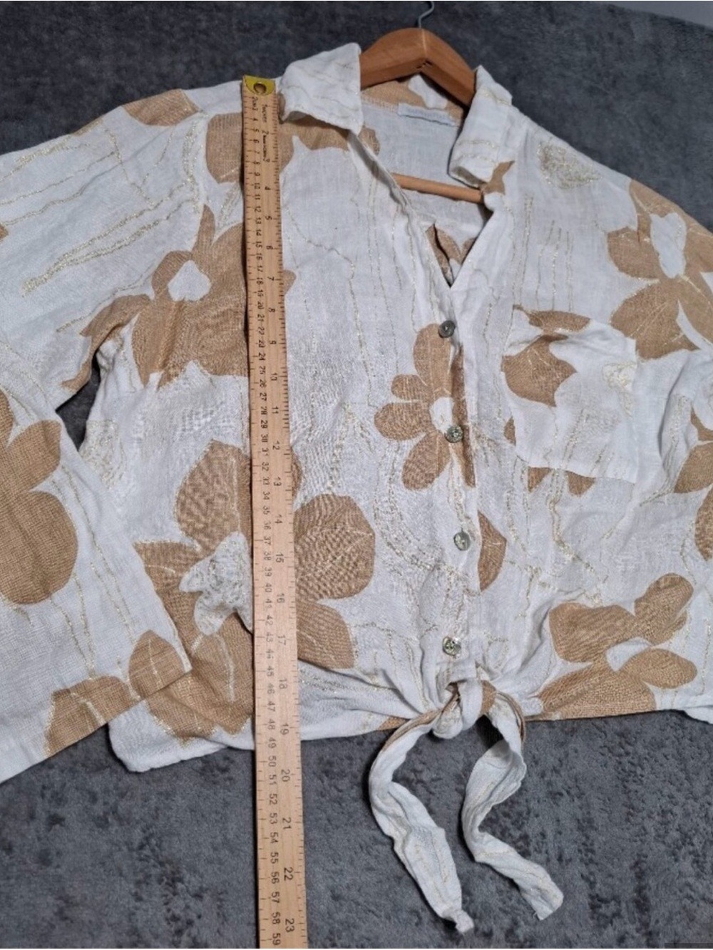 #0302 Made in Italy Floral Tie-Front Button-Down Blouse | 100% Linen | Size M | - Picture 5 of 7